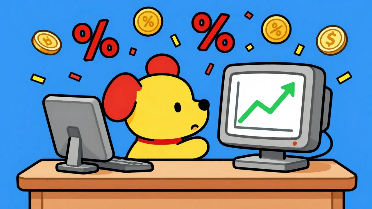 Cartoon dog trading with fee discount visuals in Hanna-Barbera style