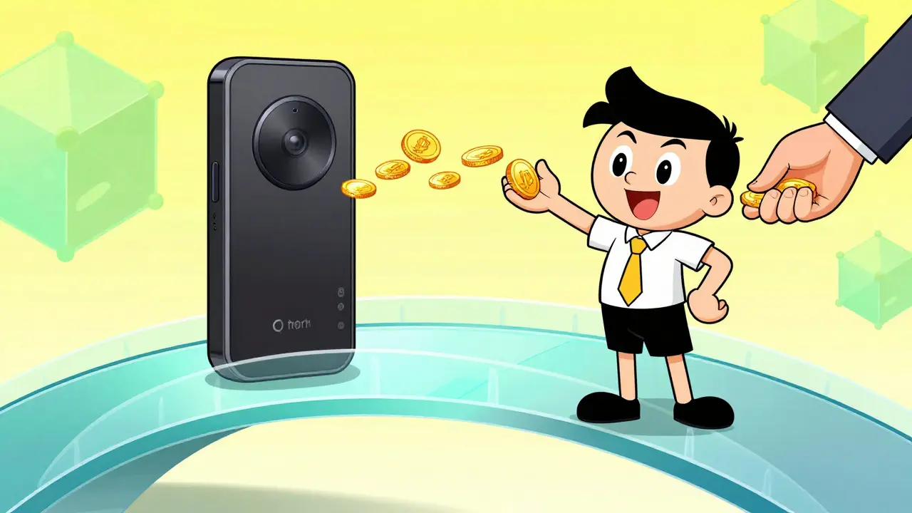 Cartoon founder receiving instant crypto payments directly to wallet