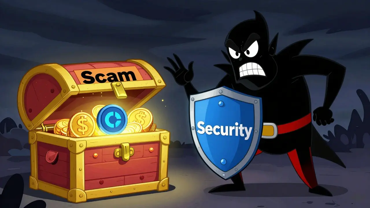Cartoon hero protecting their digital wallet from a scammer villain in a stormy scene.