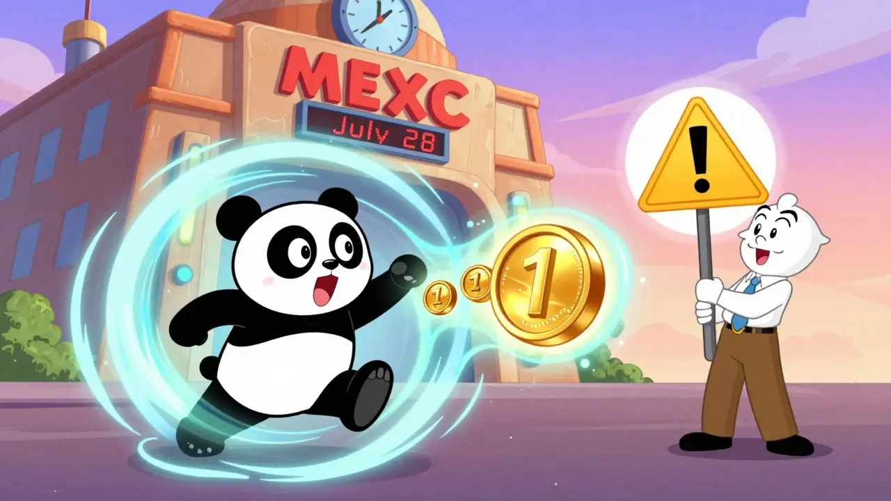 Cartoon panda tokens swapping at MEXC exchange during contract migration