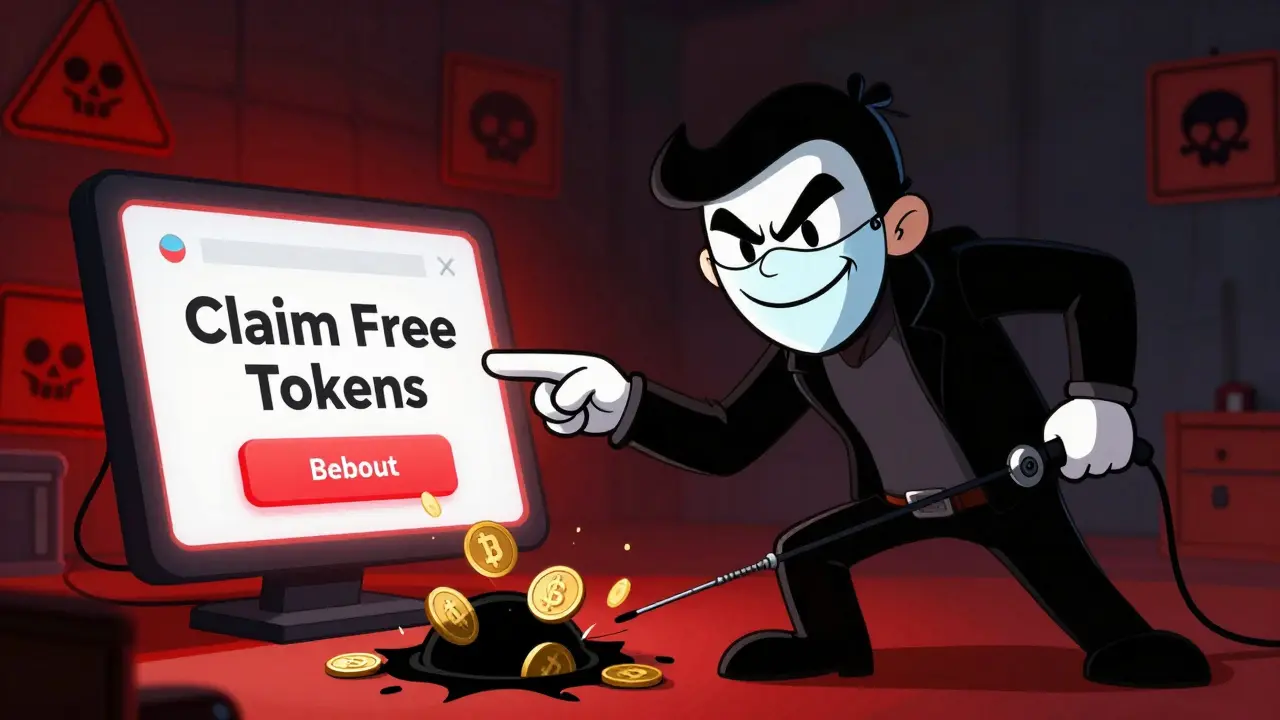Cartoon scammer draining crypto wallet via fake airdrop claim button.