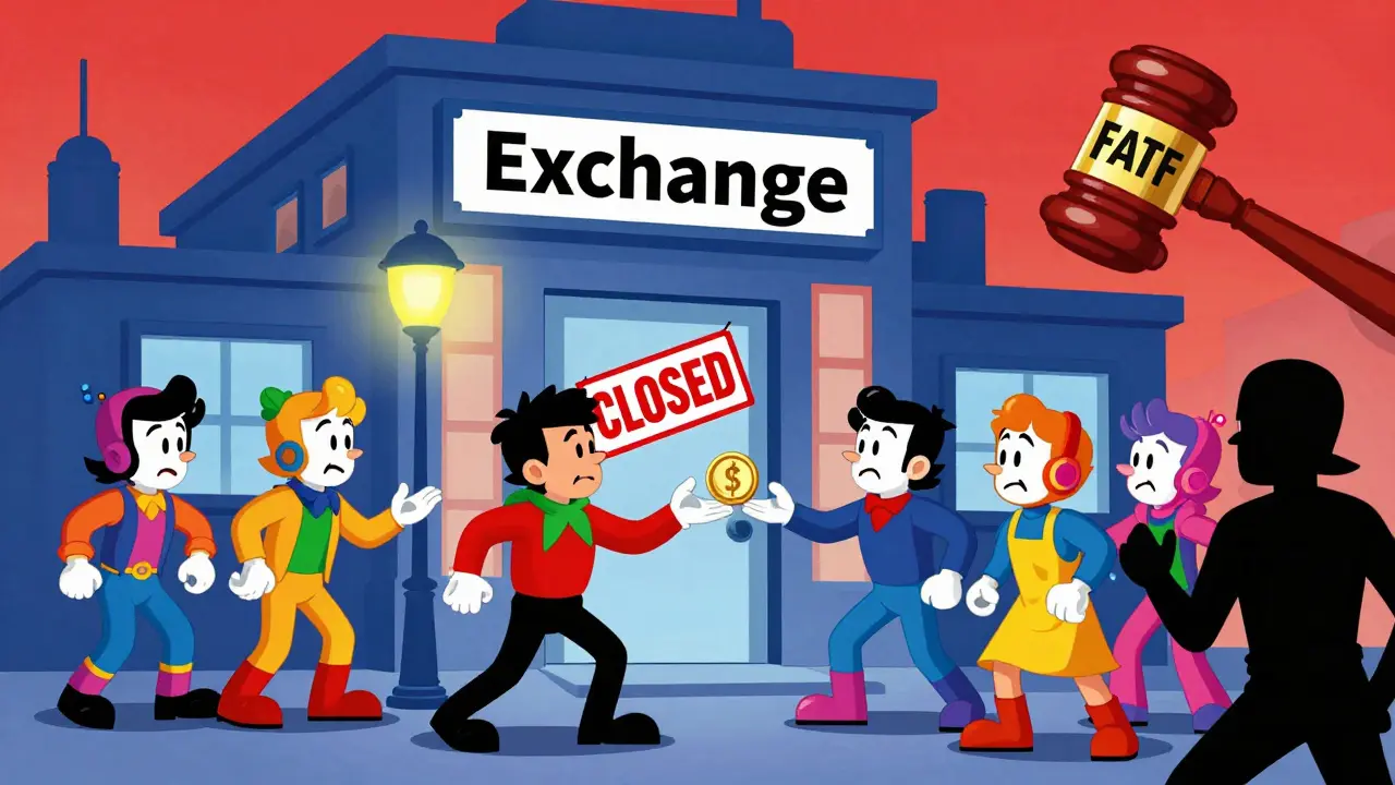 Cartoon showing exchange delistings and rise of P2P trading