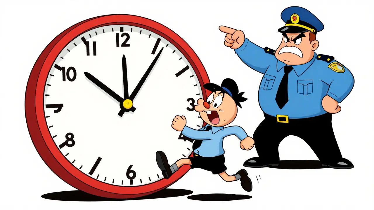 Cartoon trader racing against a clock while a tax inspector watches
