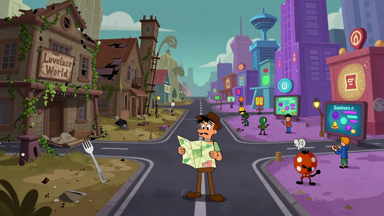 Cartoon traveler choosing between abandoned Lovelace World and active metaverse