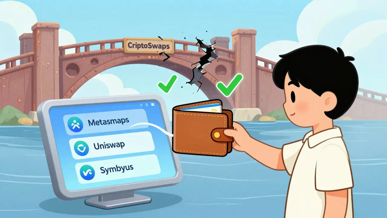 Cartoon user safely swapping crypto via trusted bridge, avoiding a crumbling risky path in the background.