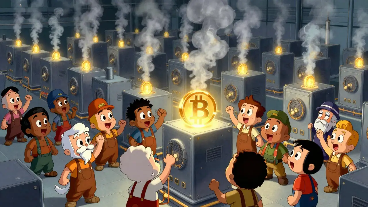 Cheering miners celebrating a successful block discovery in a large facility