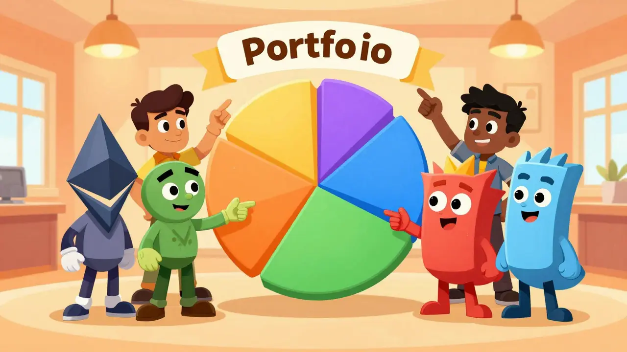 Crypto characters discussing portfolio diversification