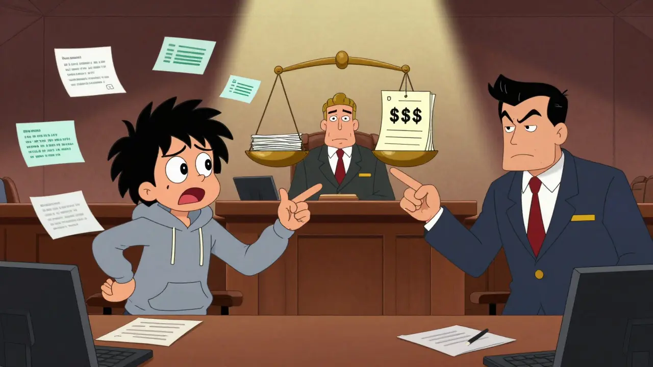 DeFi developer facing stern regulators in a cartoon courtroom
