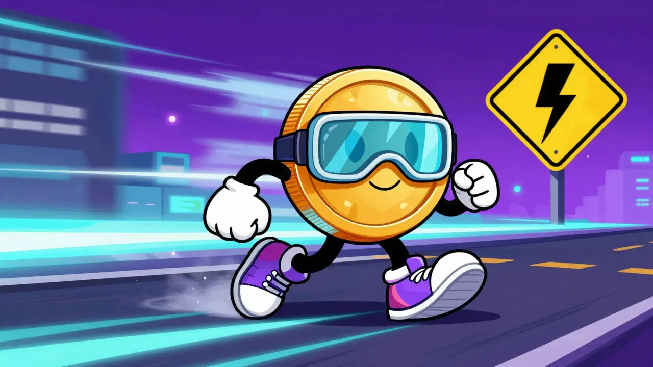 Fast Solana coin character racing past warning signs