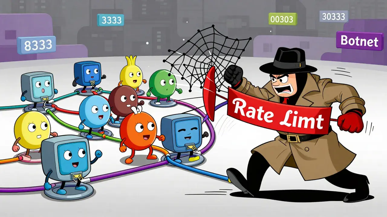 Hacker blocking network connections with botnets in cartoon style
