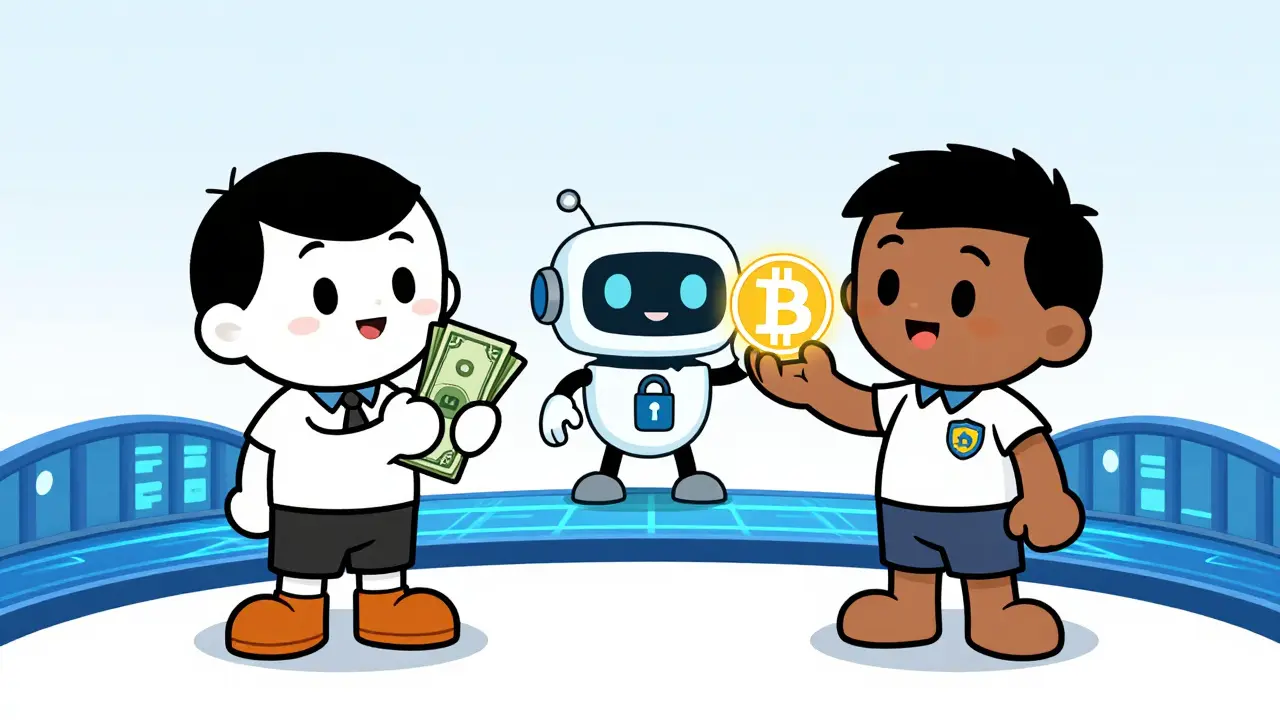 Hanna-Barbera style P2P trade scene with cash, crypto, and security mascot