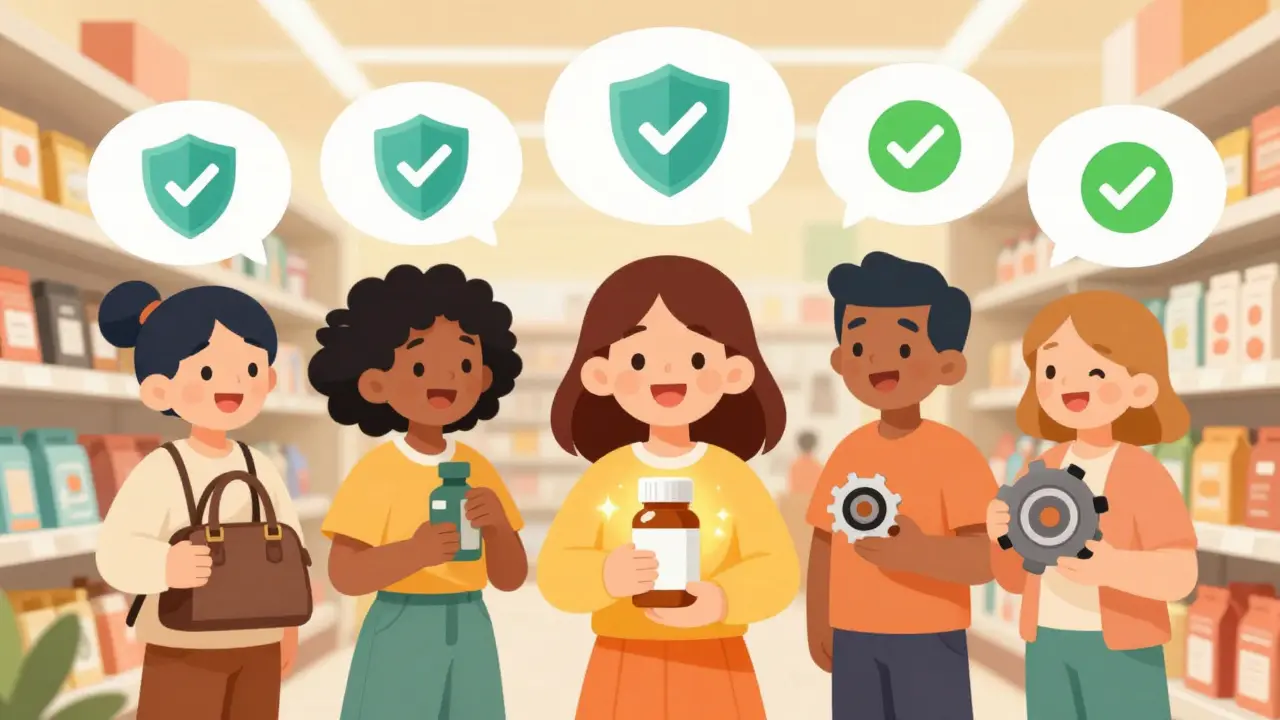 Happy shoppers hold products with magical glows, showing verified authenticity shields.