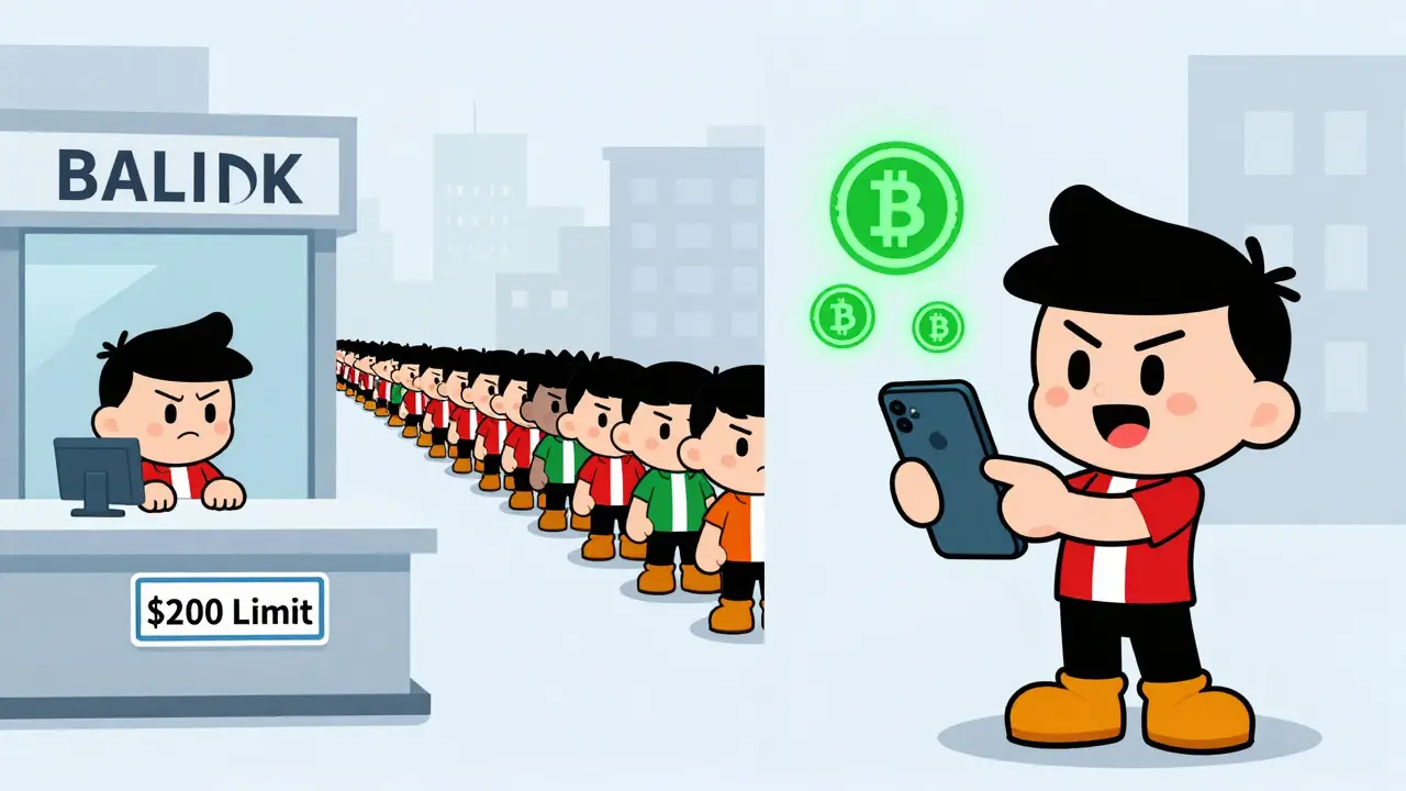 Illustration comparing slow bank lines to fast crypto transactions