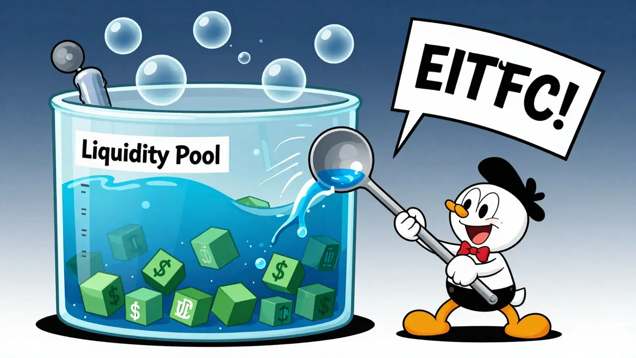Illustration of a liquidity pool tank showing how large trades cause price slippage