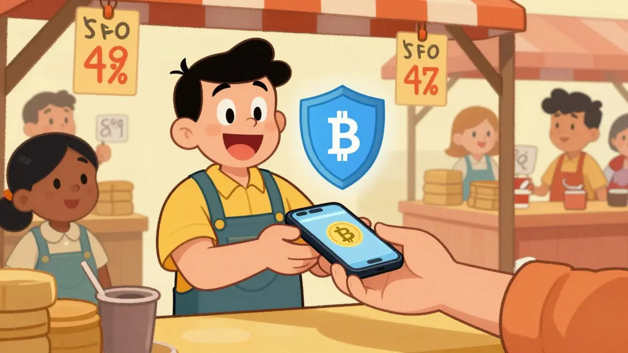 Merchant happily accepting smartphone crypto payment at market