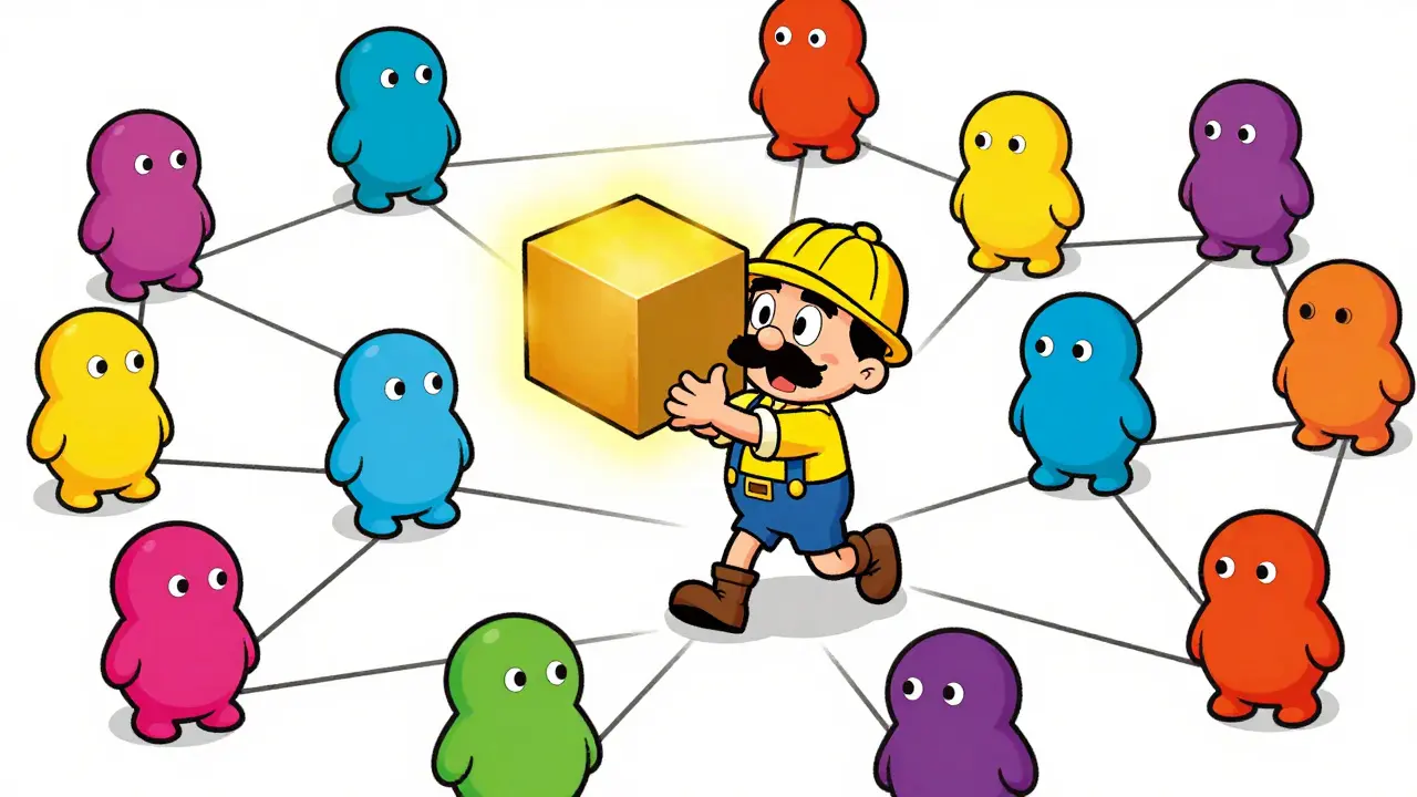Miner passing a block to distant nodes in retro cartoon style