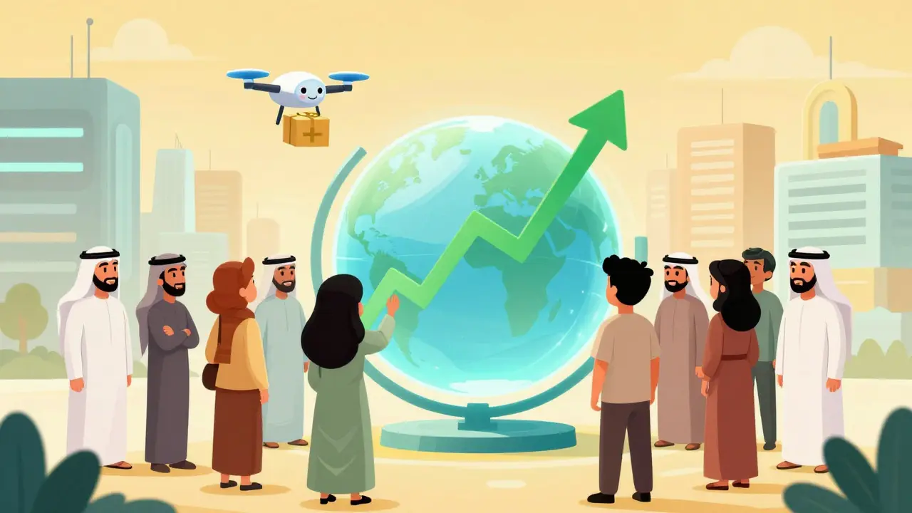 Optimistic cartoon of young Saudis viewing holographic market growth chart