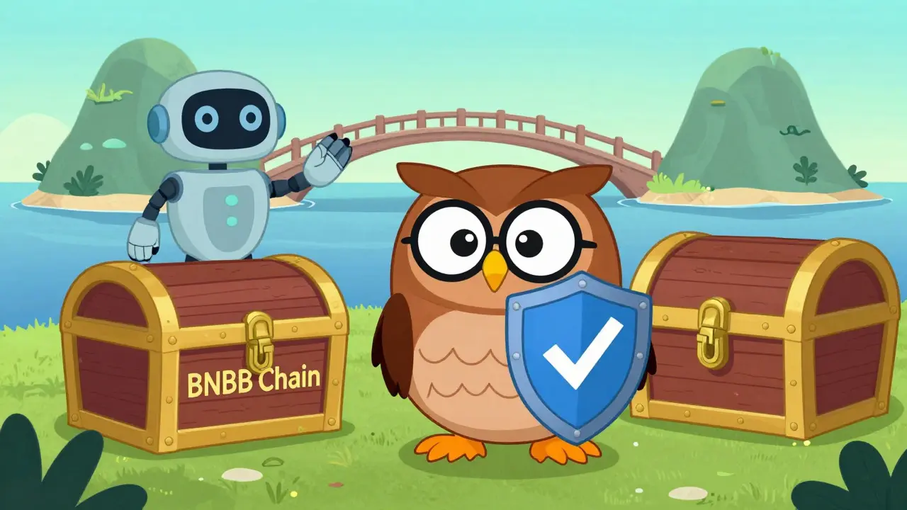 Owl with security shield and bridge in Hanna-Barbera cartoon style