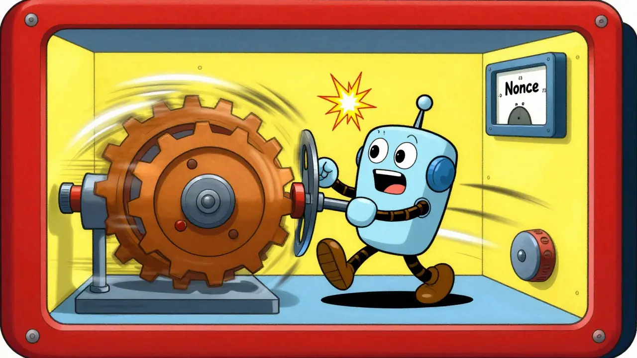 Retro-style robot frantically cranking a nonce generator inside a mining rig