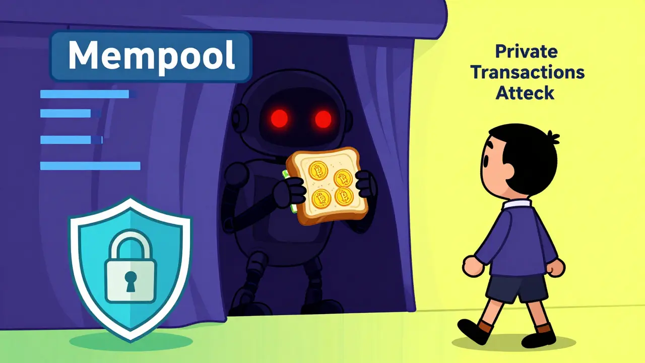 Sneaky robot bot performing a sandwich attack on a crypto trader in cartoon style