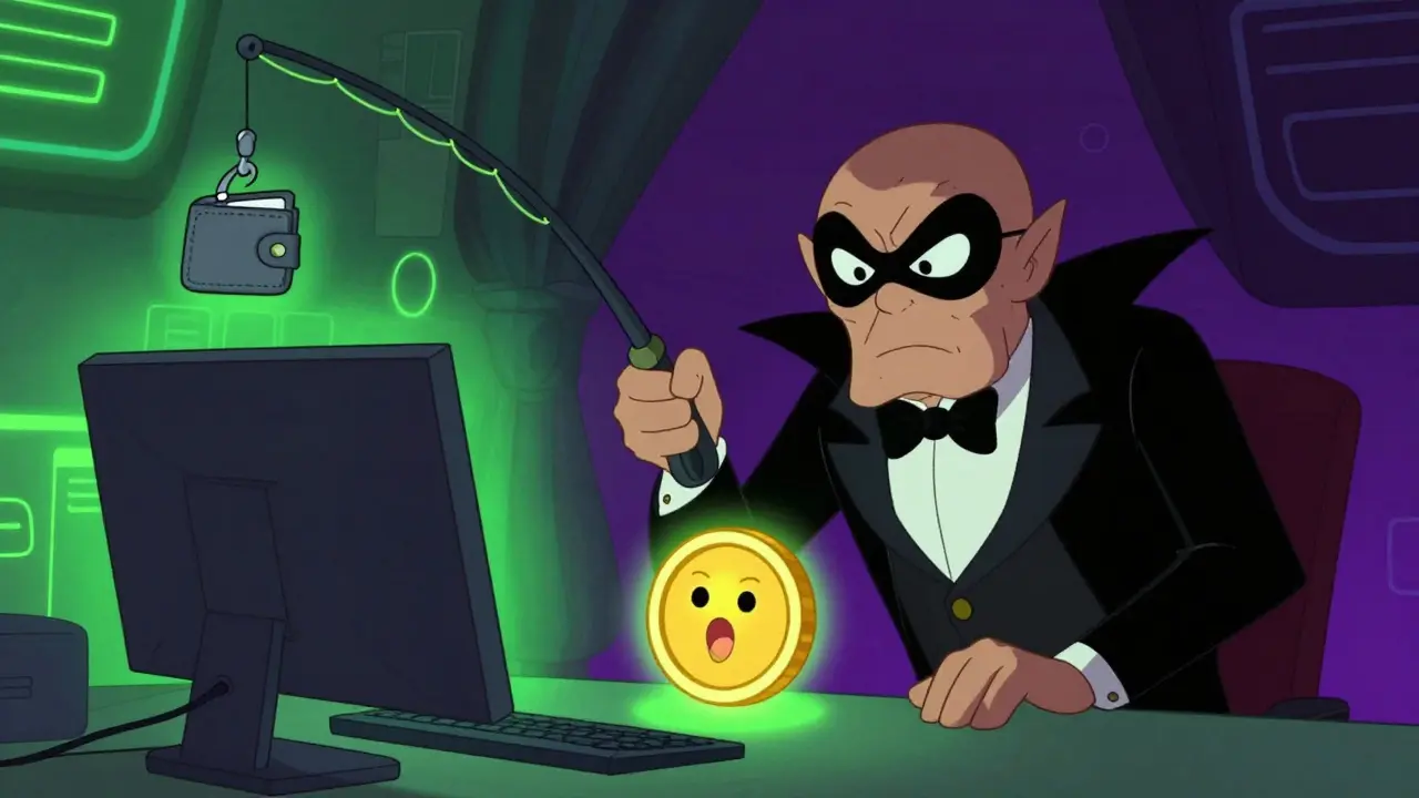 Sneaky villain using phishing hook to steal a digital wallet in cartoon style