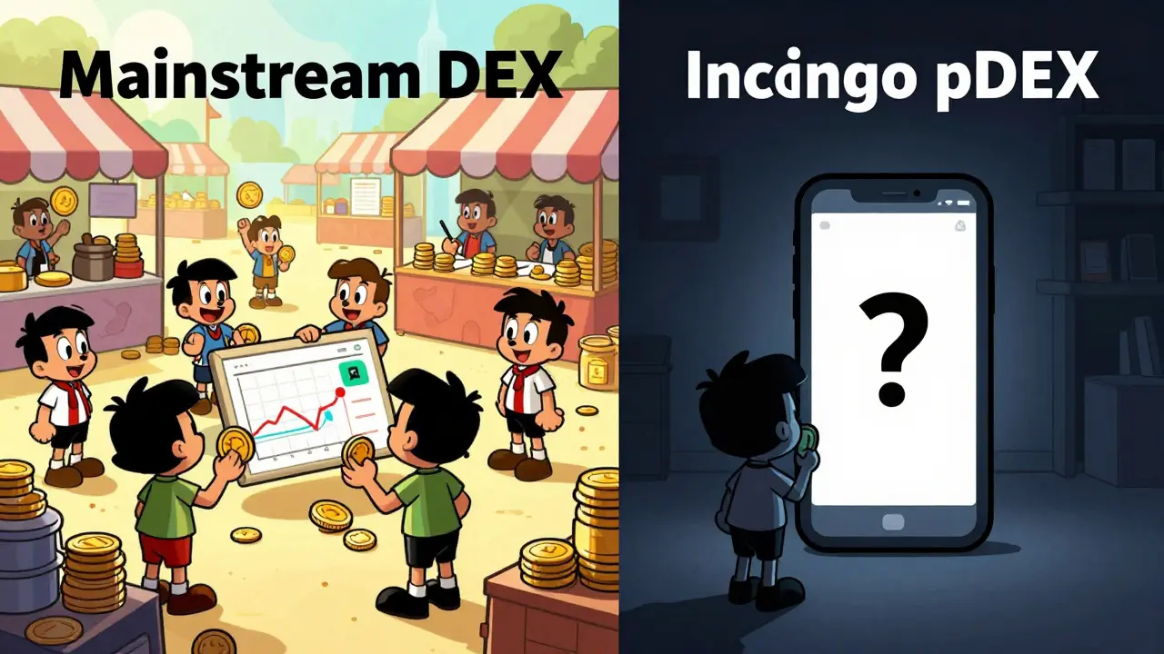 Split cartoon showing busy exchange vs empty private trading app