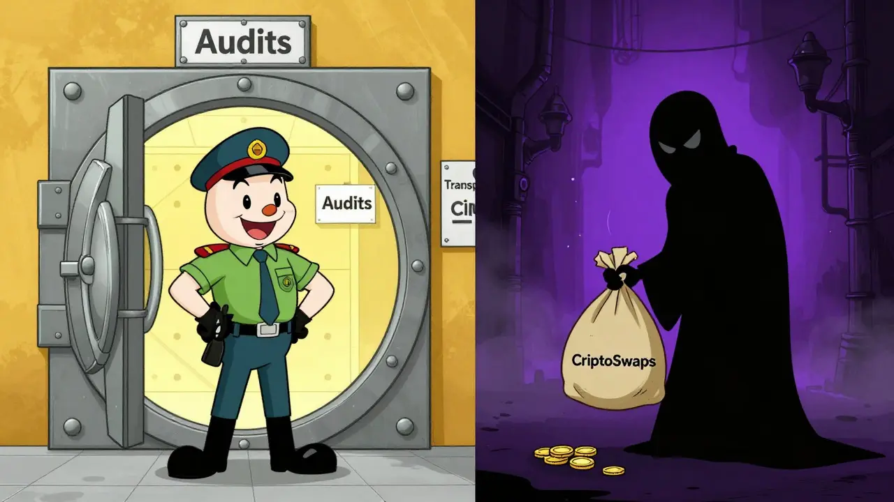 Split cartoon showing secure vault vs dark alley, illustrating safety differences between known and unknown exchanges.