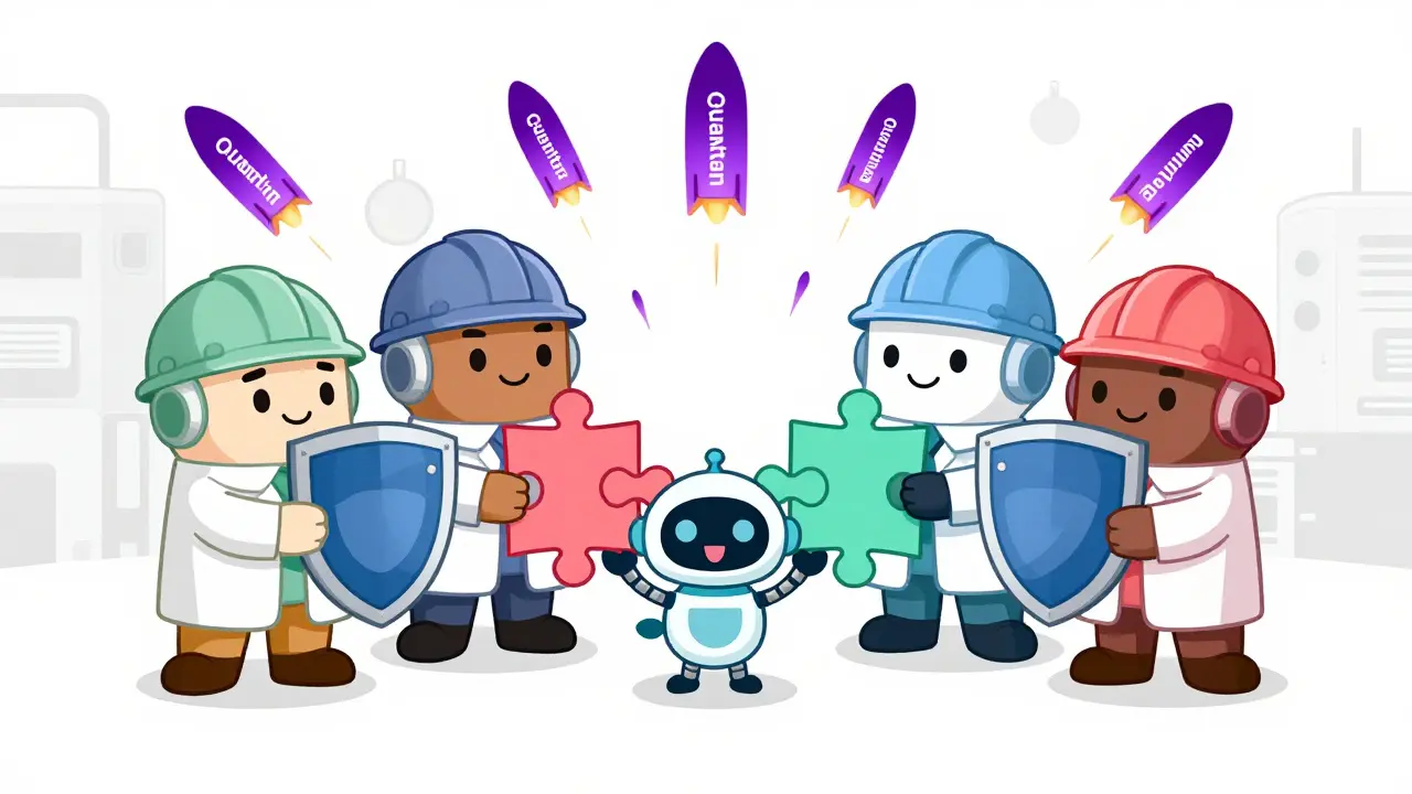 Team of characters using MPC to block quantum threats in cartoon style.
