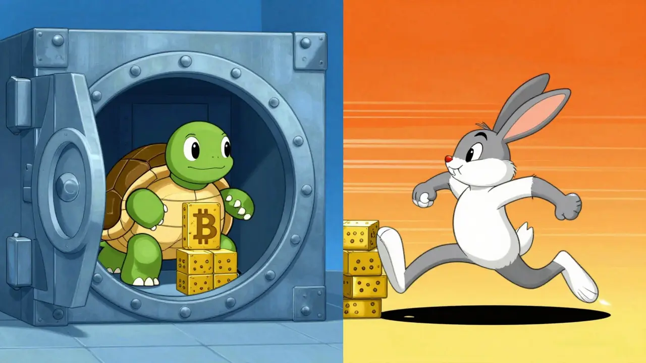 Turtle vs Hare illustrating blockchain security versus speed