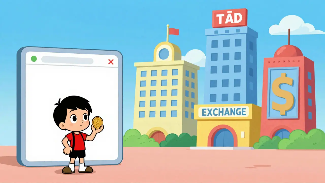 User deciding between a new clean interface and established giant exchanges in cartoon style.