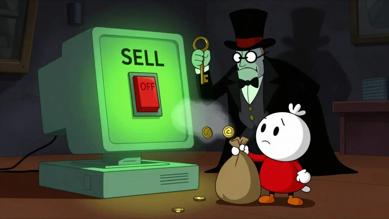 Villain controlling a smart contract switch while investor loses coins