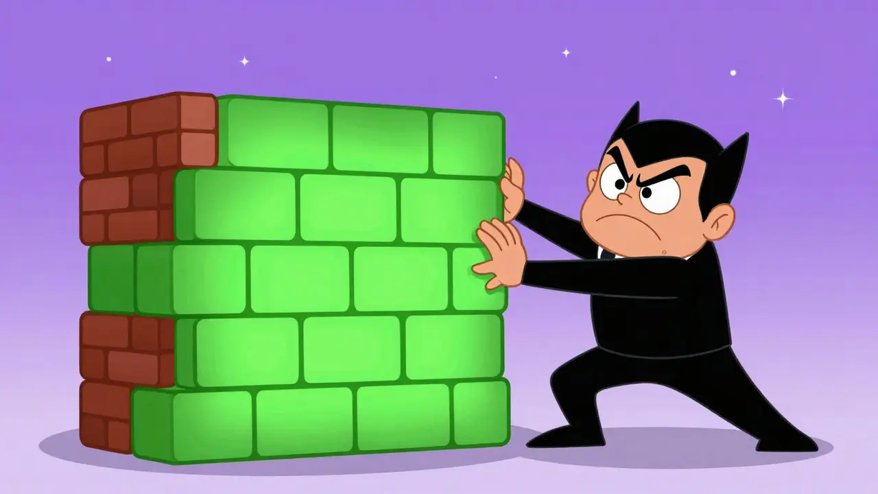 Villain failing to push over a wall of green blockchain bricks