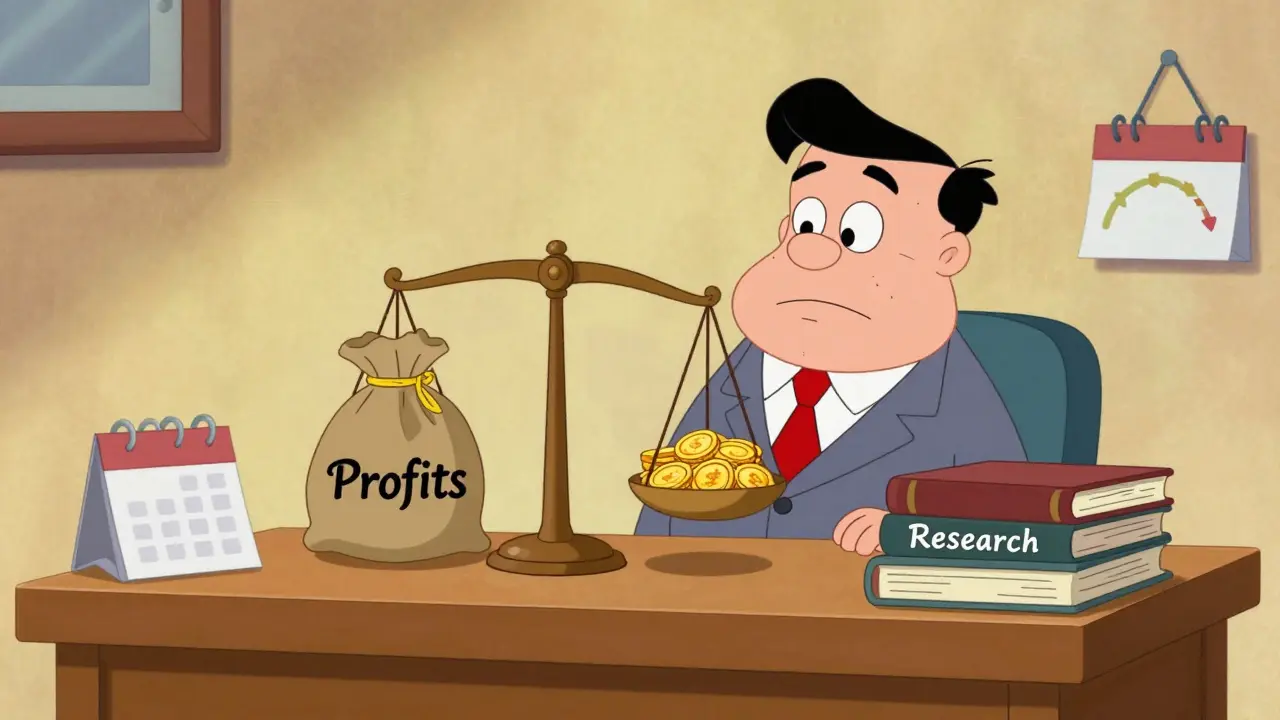 Wise cartoon investor balancing profits and research books at a desk for long-term strategy.
