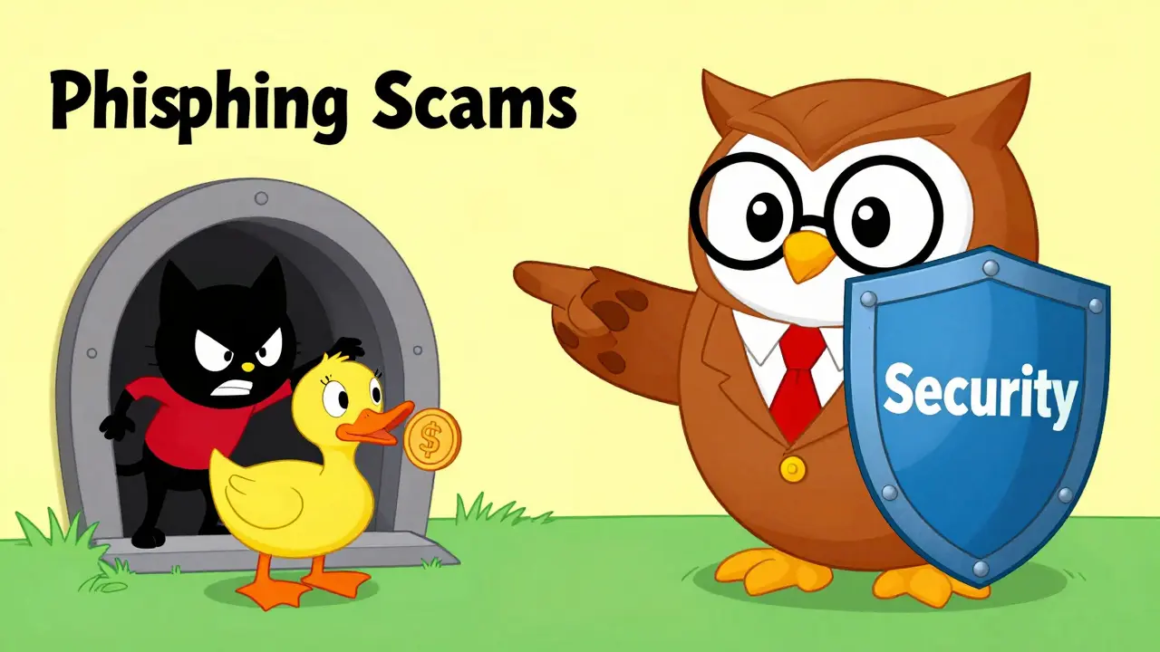 Wise owl character guiding a user away from phishing traps and security risks.