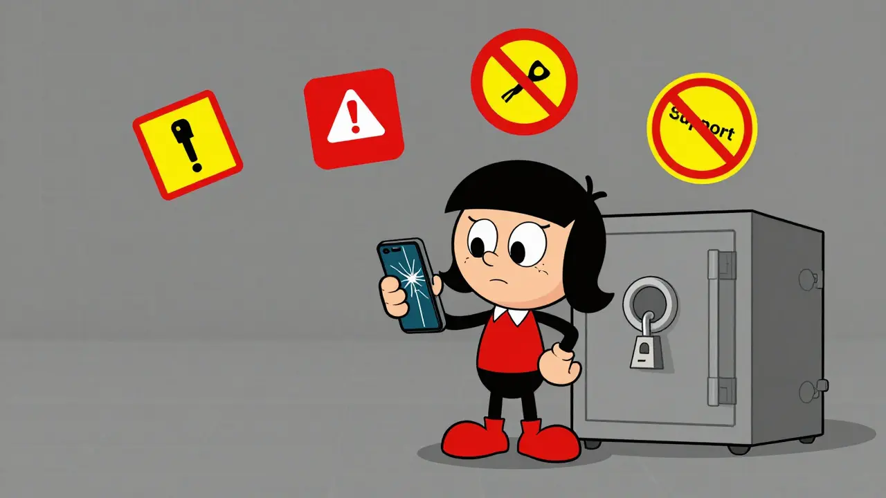 Worried cartoon character facing risks of unsupported crypto platform