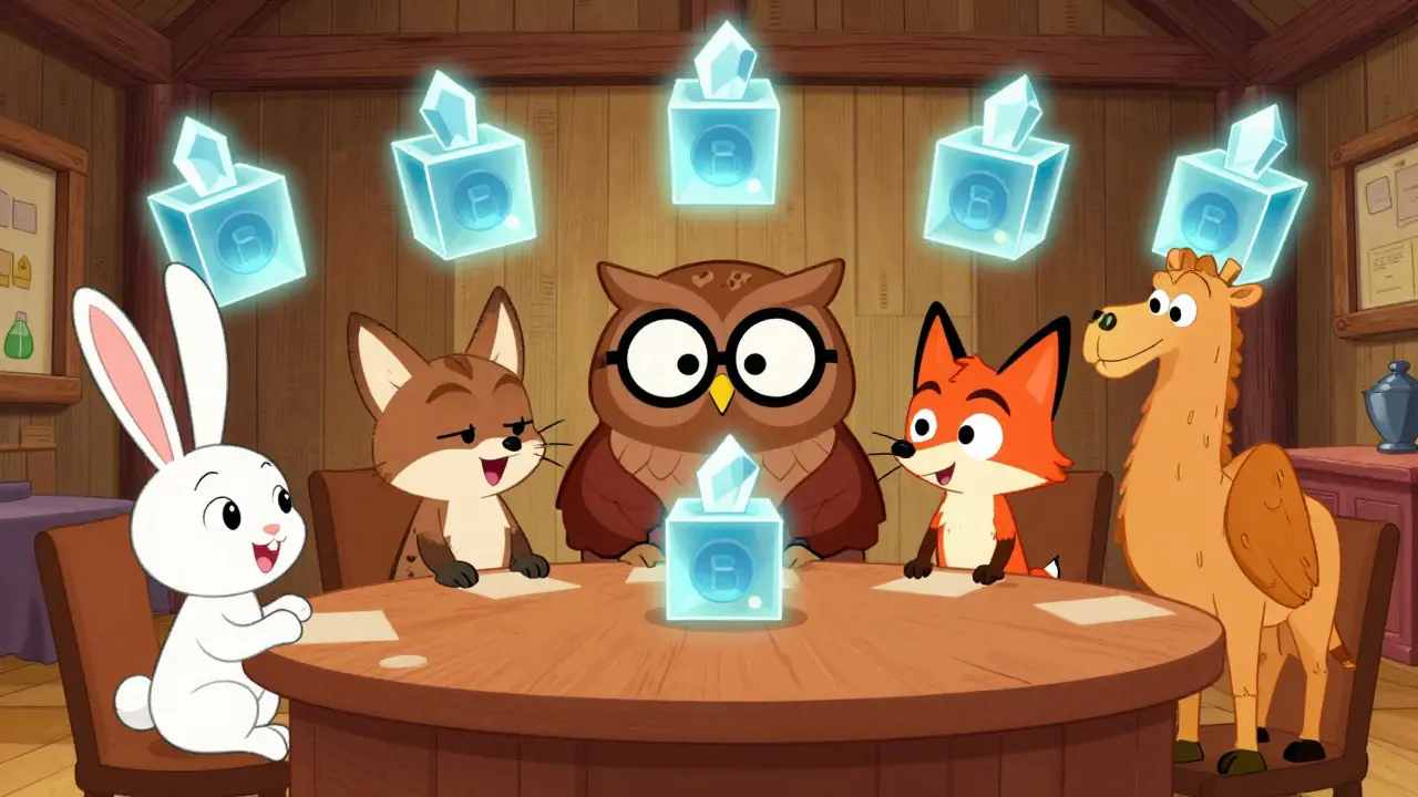 Animated animals voting in DAO governance meeting