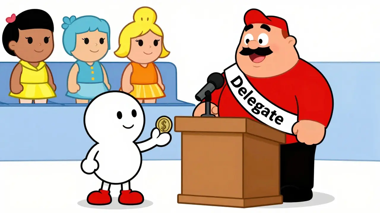 Animated character delegating vote to a trusted representative