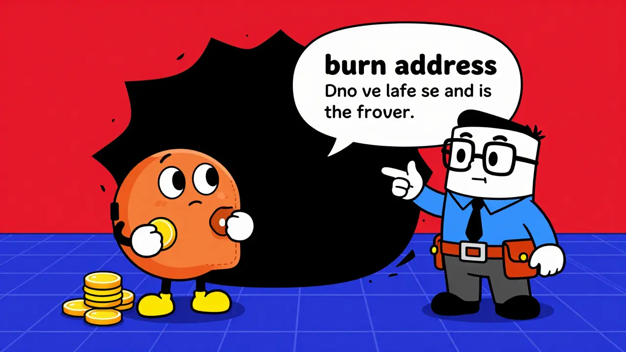 Animated wallet character sending coins to a dark void burn address