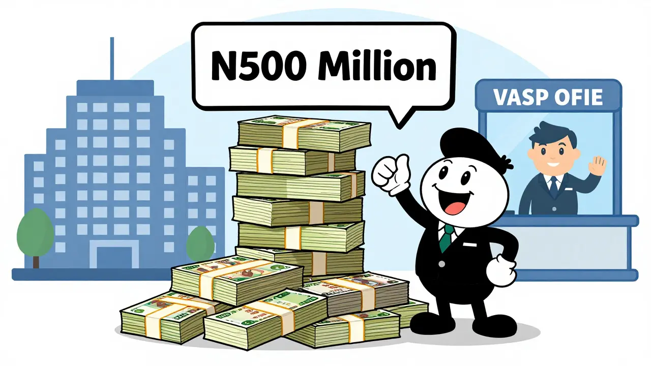 Cartoon accountant stacking Naira notes next to a corporate building icon