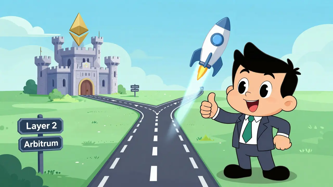 Cartoon advisor showing efficient cross-chain transfer route