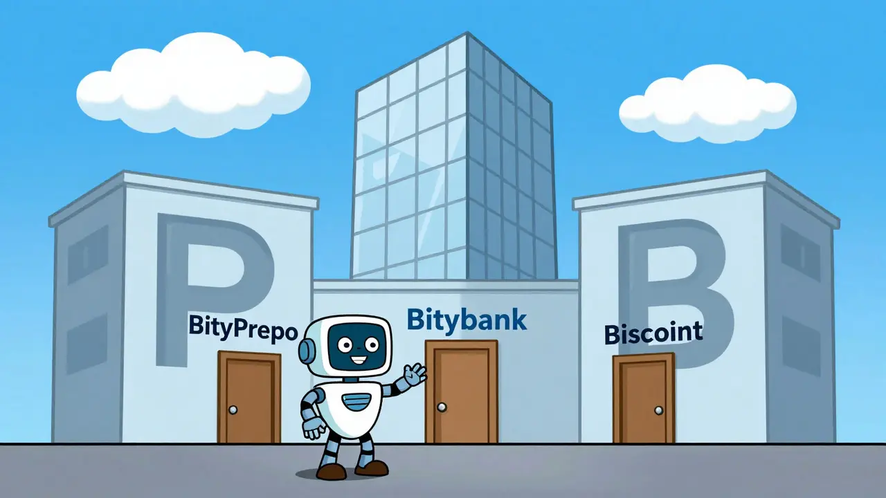 Cartoon buildings merging into one tower with a robot guide
