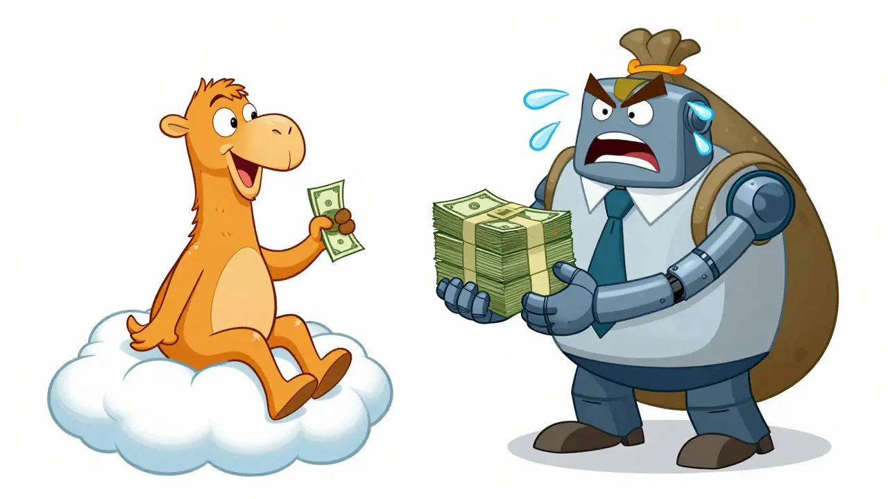 Cartoon camel vs robot comparing low and high fees