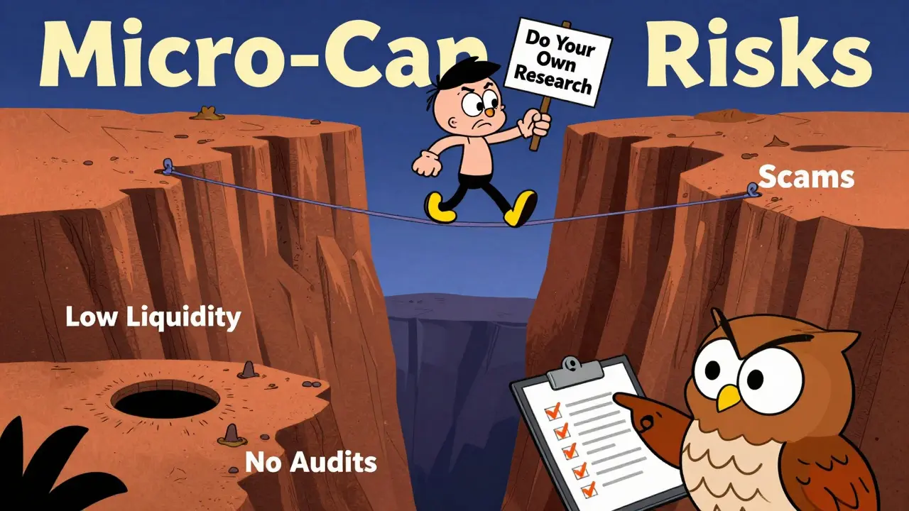 Cartoon character balancing on tightrope over crypto risks