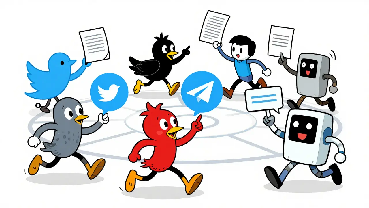 Cartoon characters completing social media tasks for a campaign