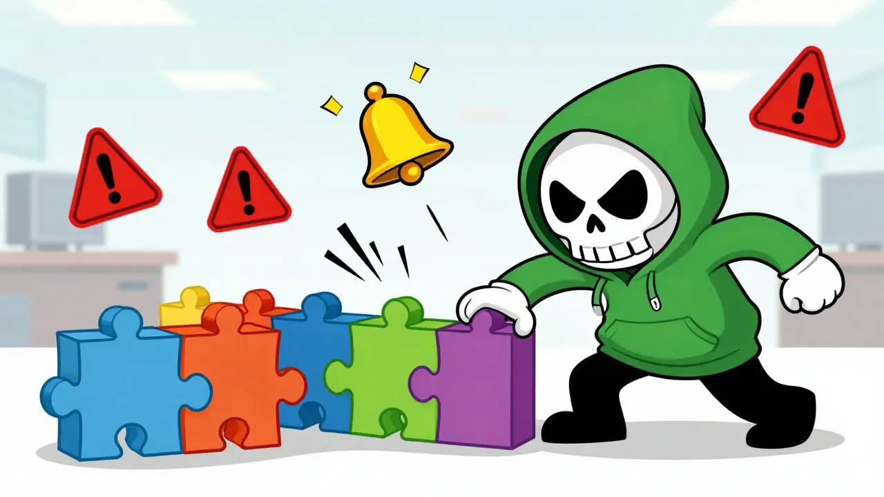 Cartoon hacker failing to alter a connected chain of colorful blockchain blocks