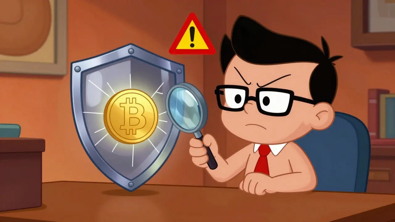 Cartoon man inspecting a cracked shield protecting a Bitcoin coin
