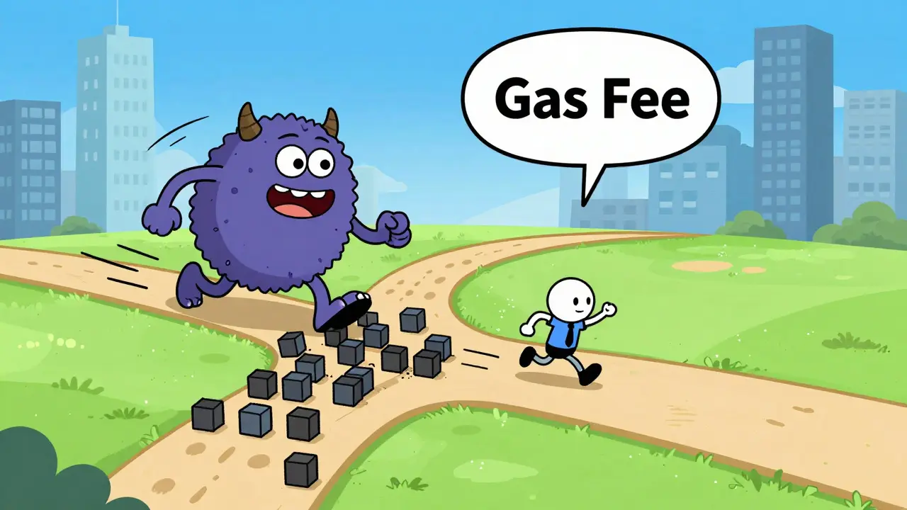Cartoon monster chasing user through congested crypto bridge