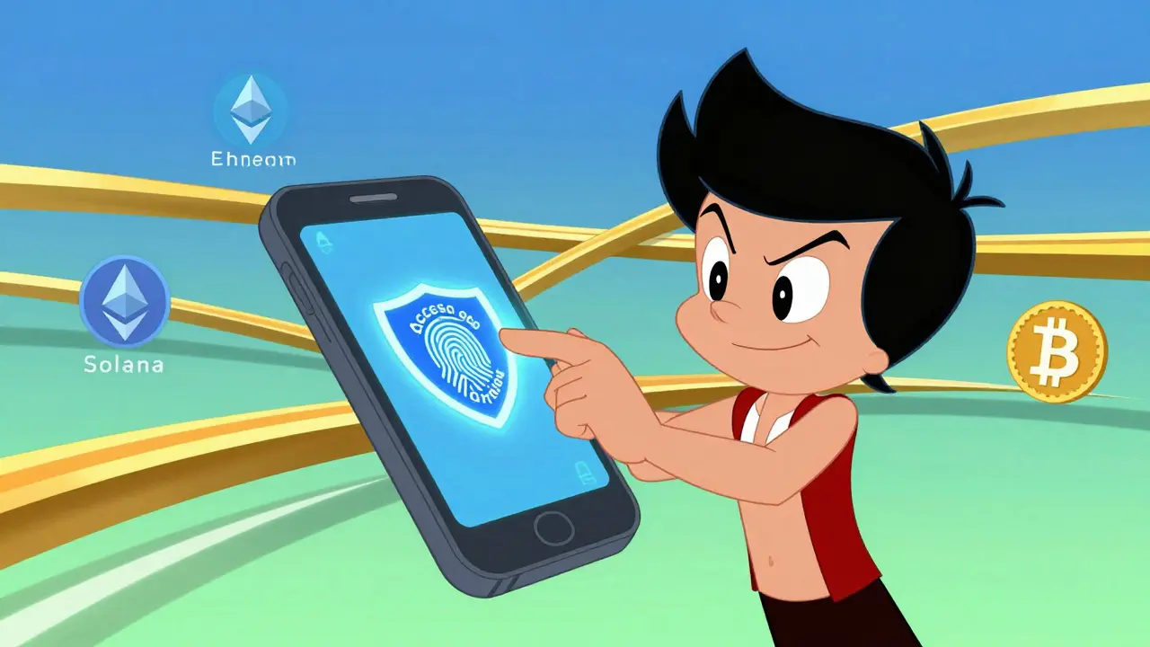 Cartoon of user scanning fingerprint for seamless cross-chain crypto trading