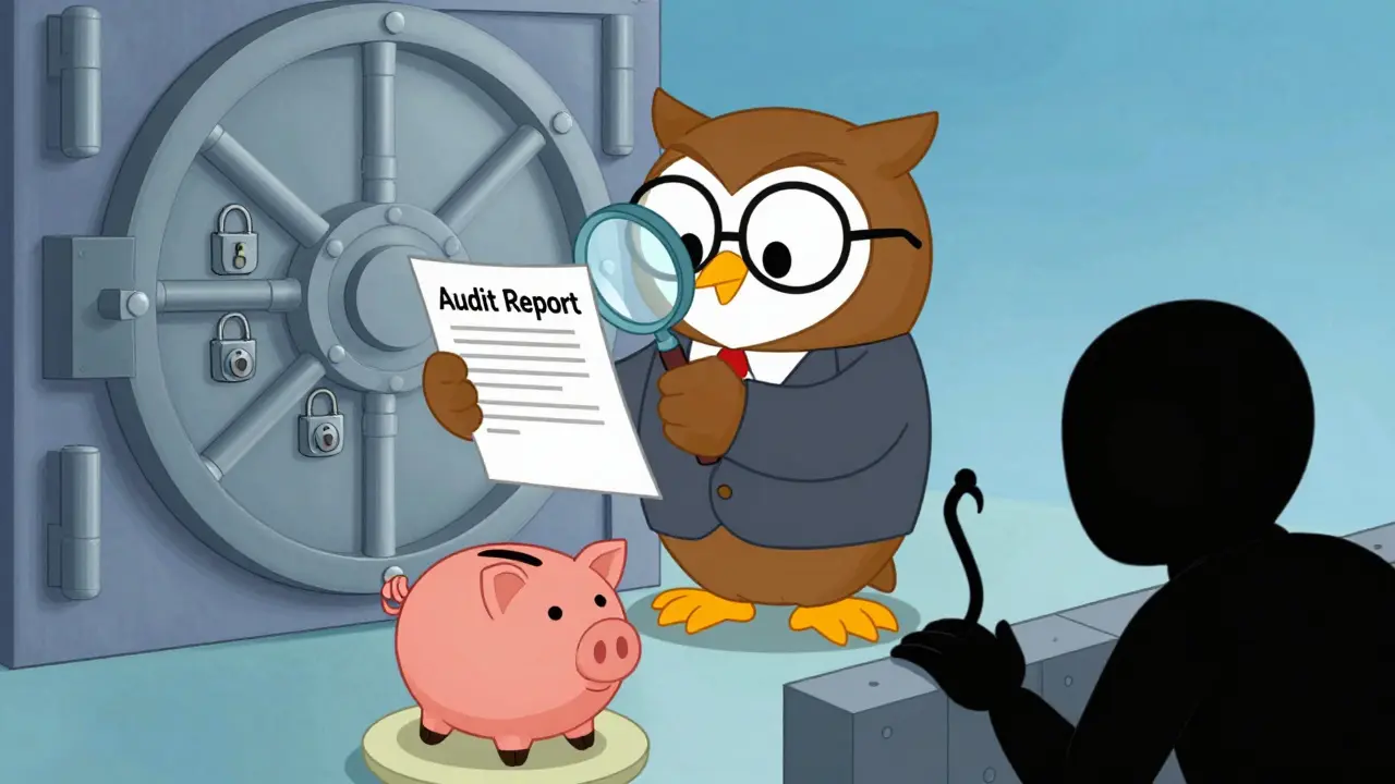Cartoon owl inspecting audit report next to secure crypto vault