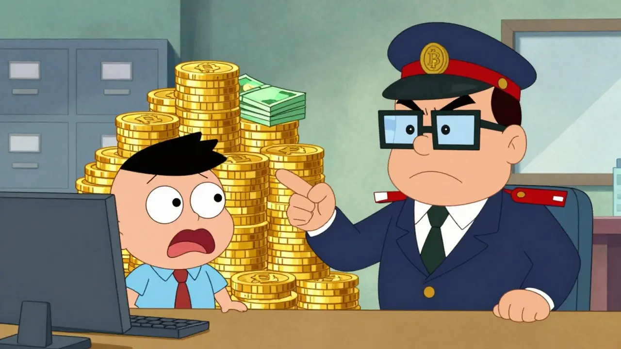 Cartoon regulator enforcing strict capital rules on a nervous crypto exchange owner